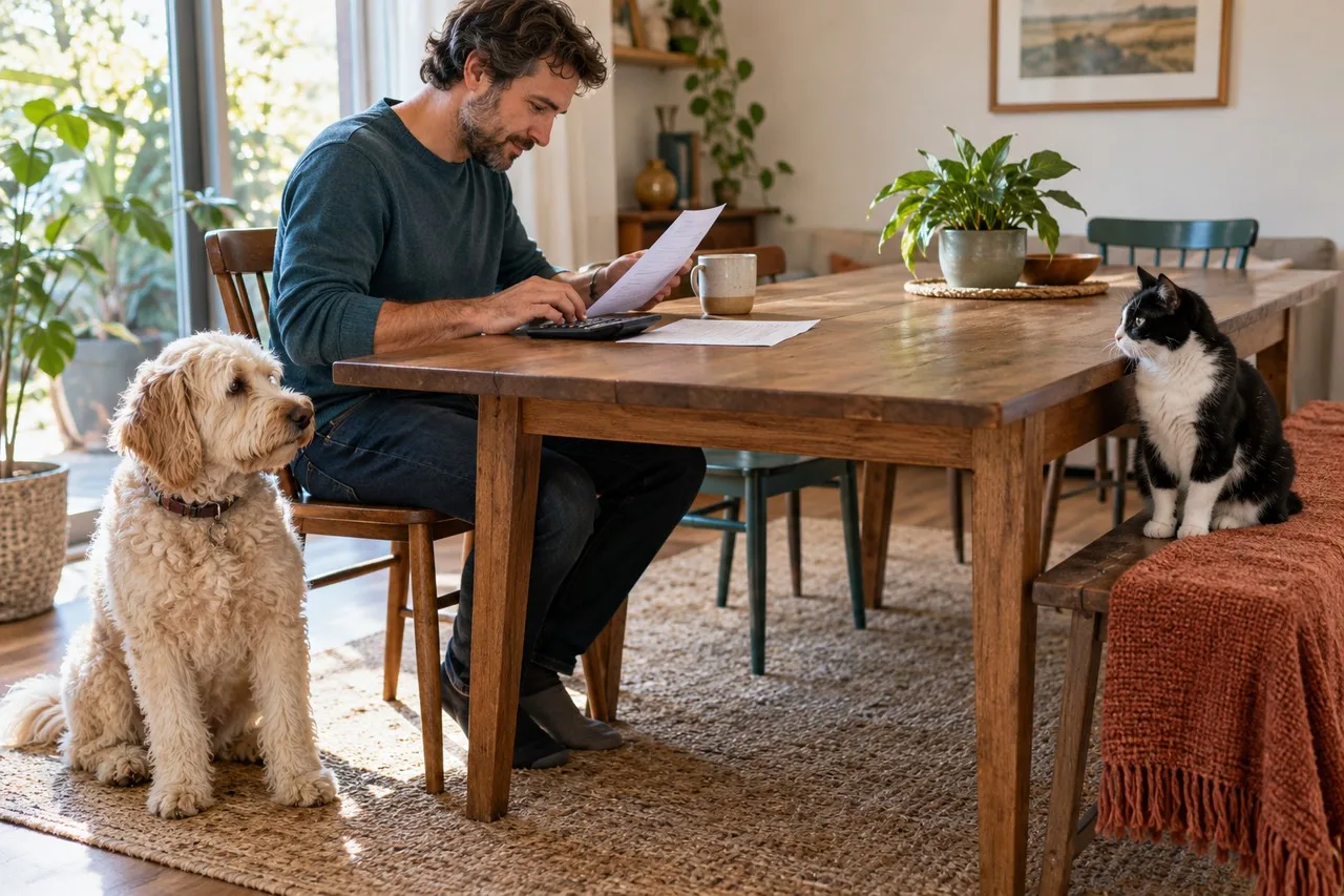 Owner reading at a table with a dog and a cat nearby